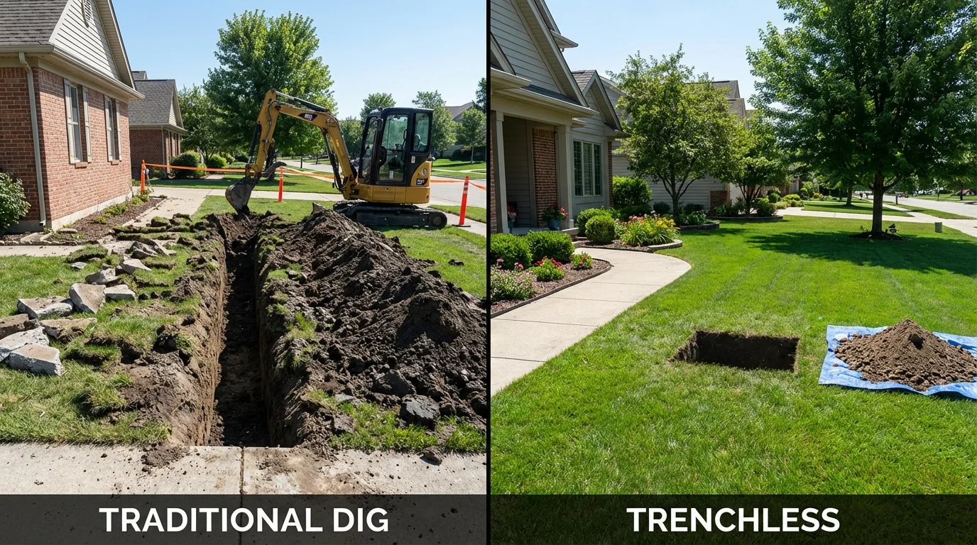 Trenchless sewer repair with minimal yard damage versus traditional excavation in Oak Grove, KY