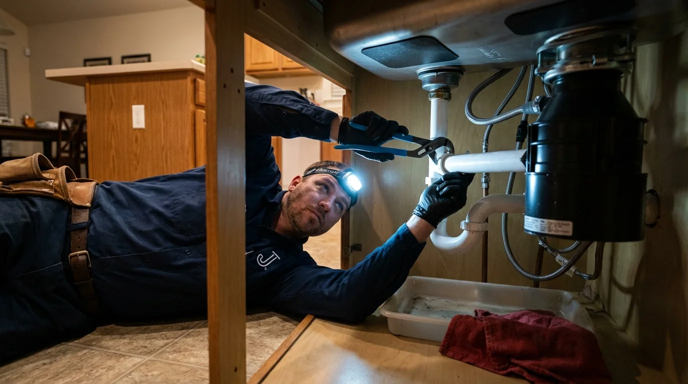 P-trap and supply line connections under a kitchen sink showing a common leak point in Oak Grove, KY